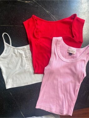 Three Ribbed Tank & Crop Tops — Red, Pink, White